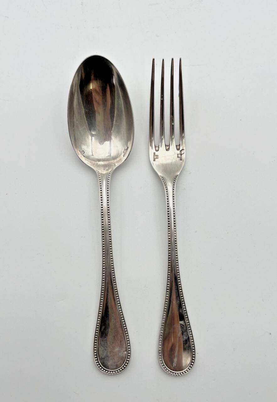 Christofle christening spoon and fork, Perle model, with case