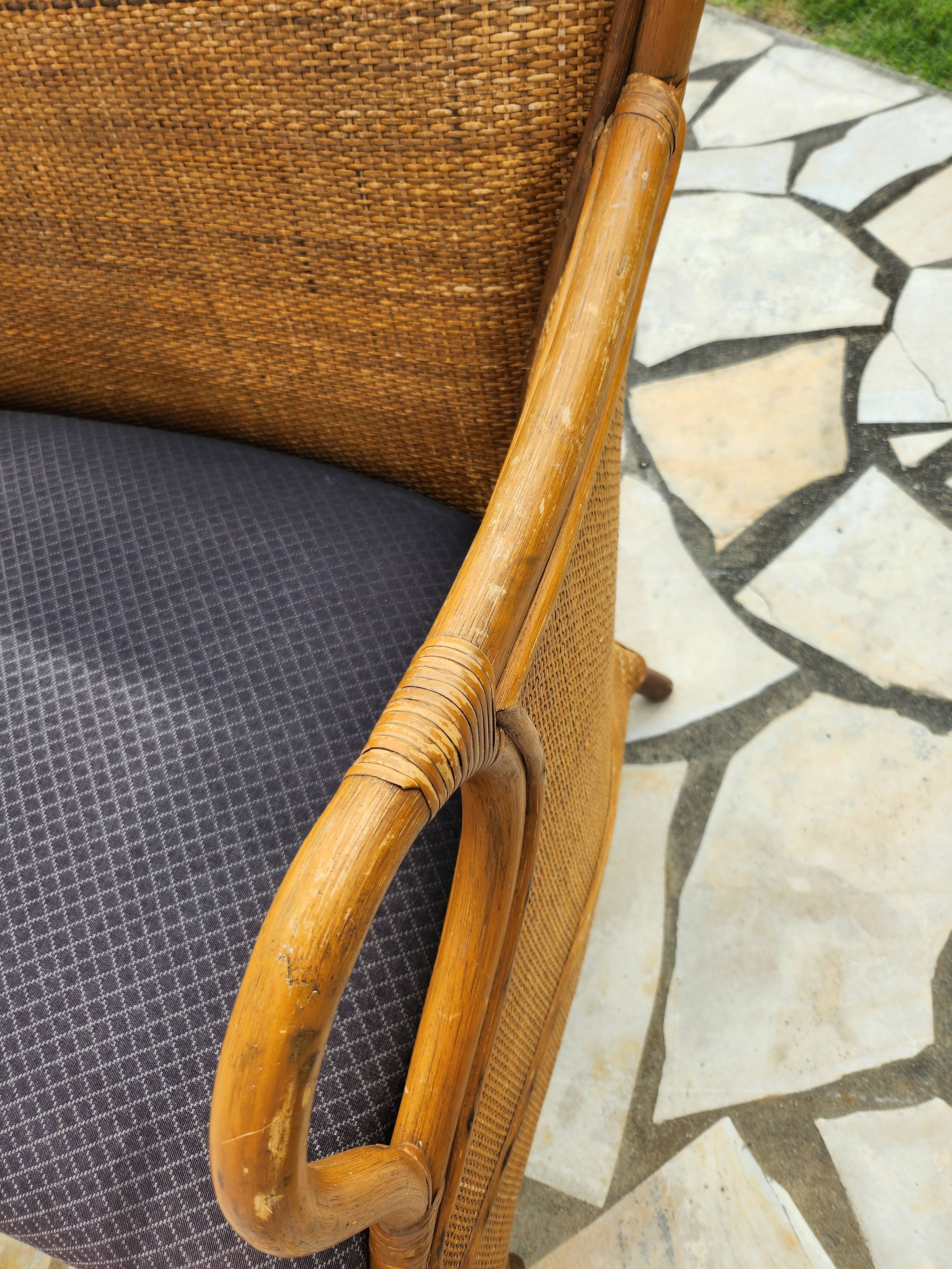 Vintage bench 2 places in rattan and woven rice straw.