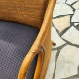 Vintage bench 2 places in rattan and woven rice straw.