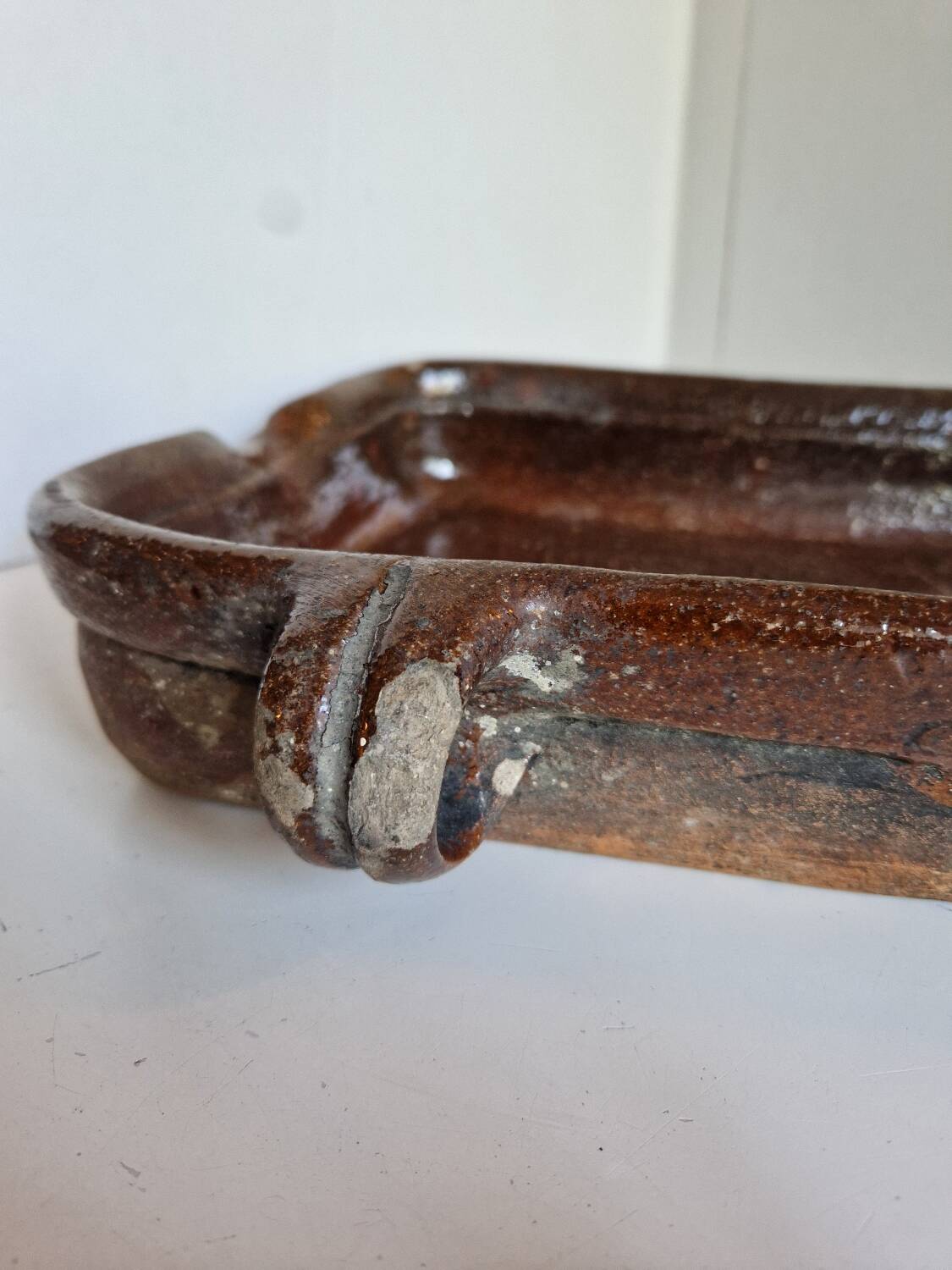 Ancien Plat À Jus Lechefrite 19e Terre Cuite Vernissée Art Populaire