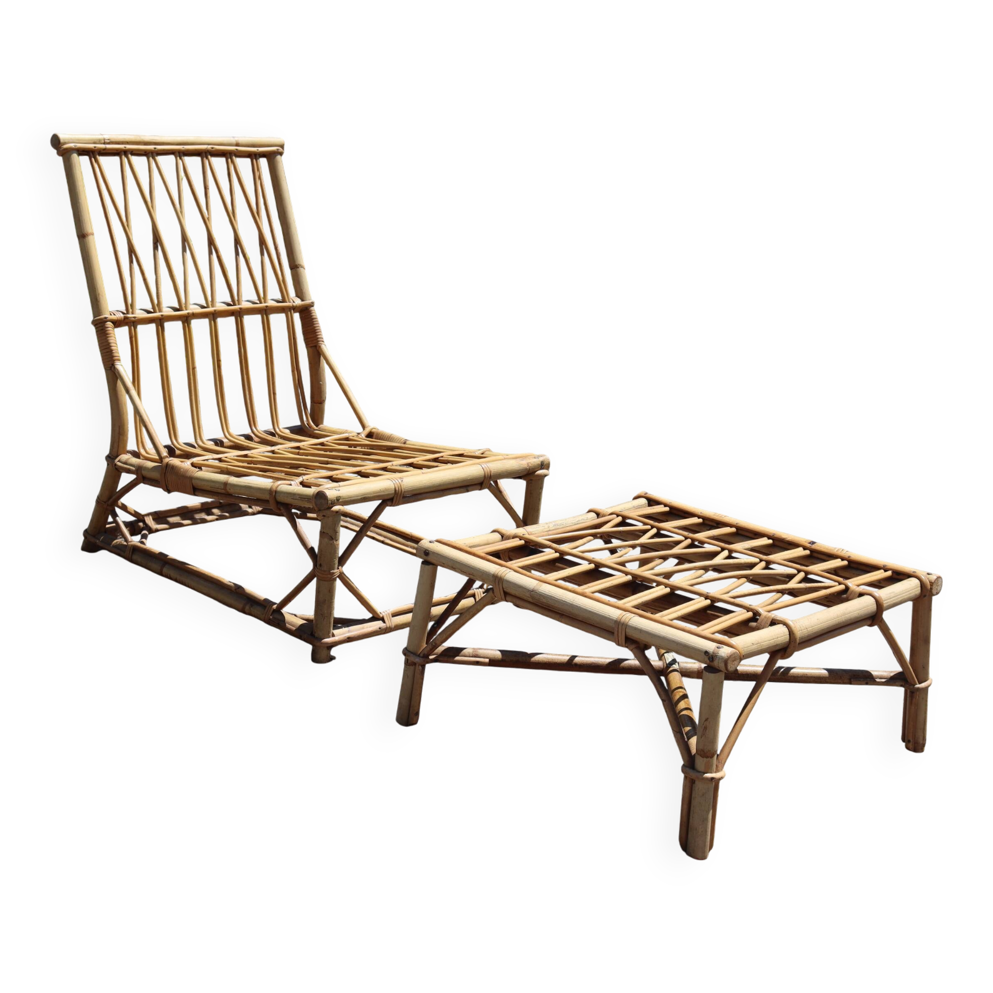Rattan armchair and its footrest by Audoux & Minet 1950