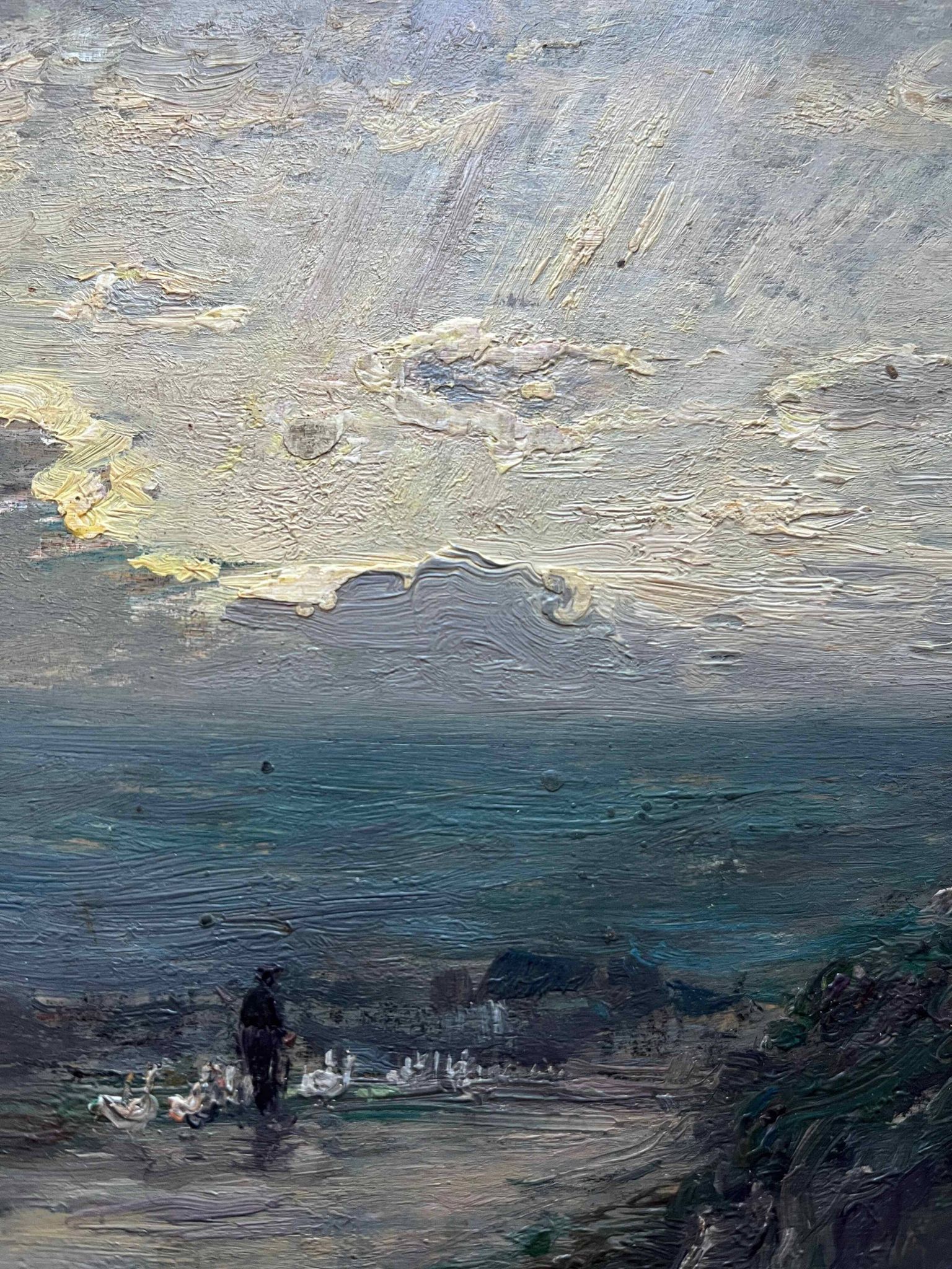 HSP painting "Shepherd with geese at dusk" attr. HL Foreau (1866-1938)