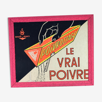 Affiche publicitaire sur panneau encadré Le vrai poivre vintage 1960