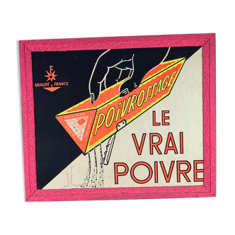 Affiche publicitaire sur panneau encadré Le vrai poivre vintage 1960