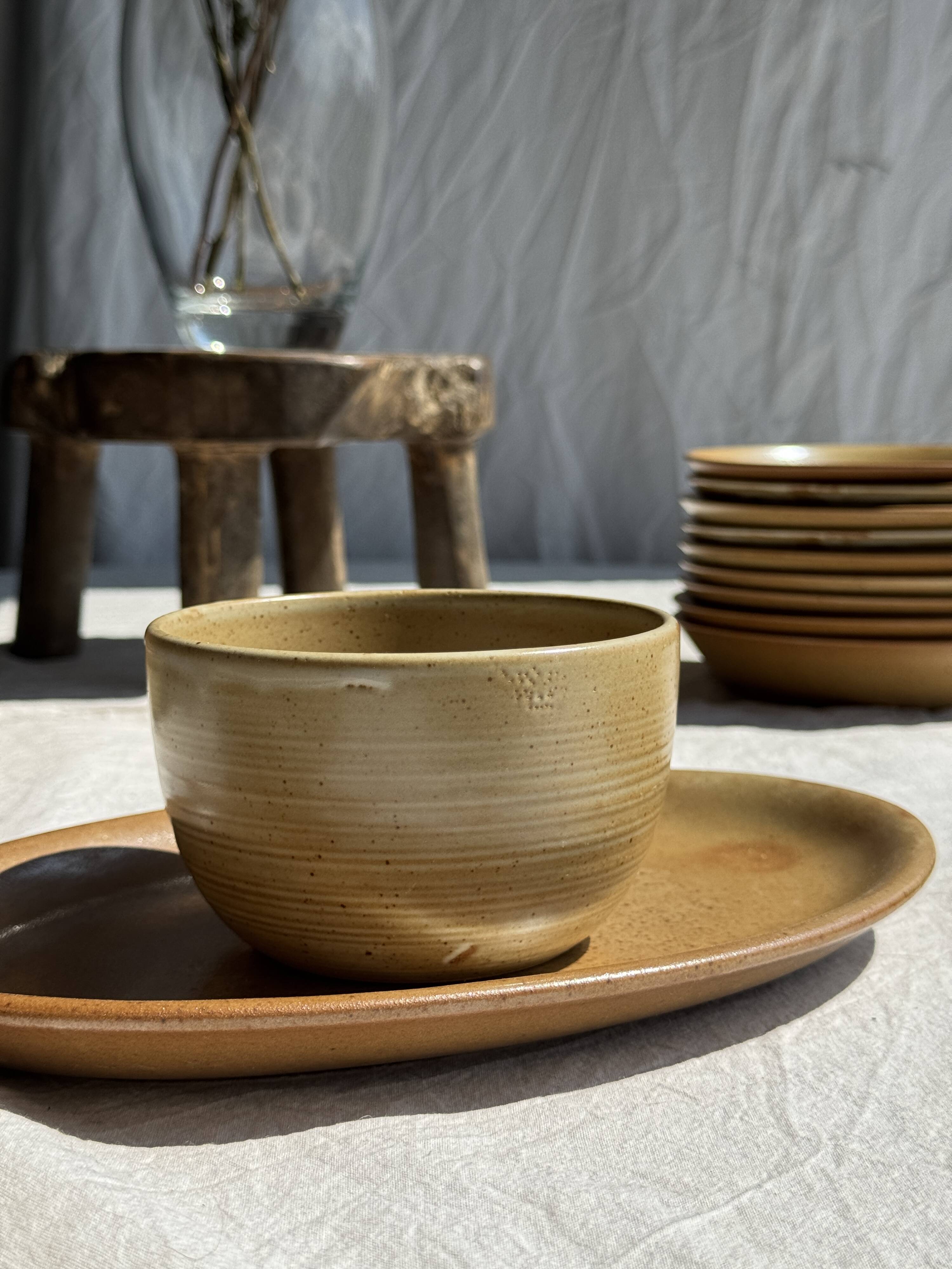 A small tall beige bowl CNP Grès Village France vintage D12