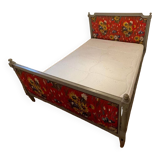 Old Louis XVI style double bed in wood and fabric with slatted base