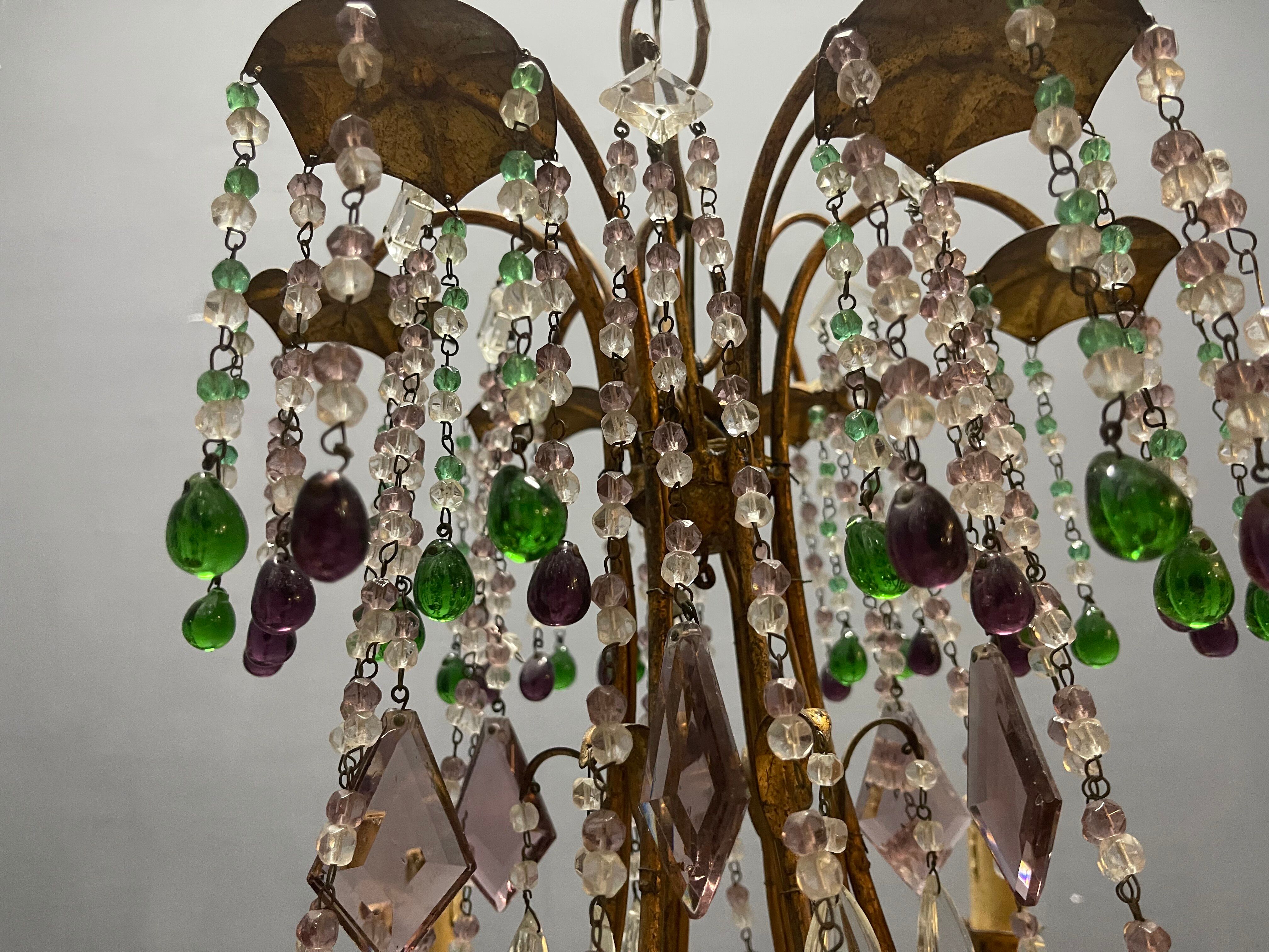 Chandelier en verre de Murano perlé doré en tole florentine italienne des années 1950 à 6 lumières