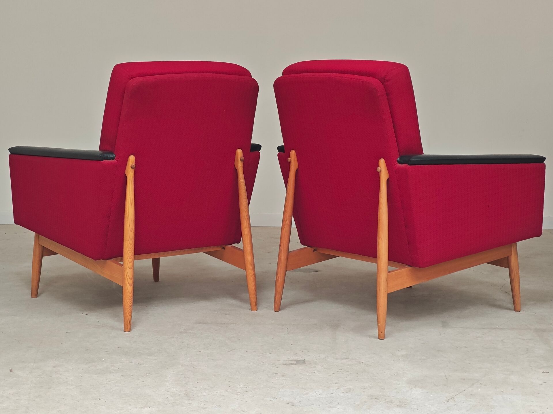 Pair of Drevotex Zamberk armchairs, red fabric and faux leather 1970