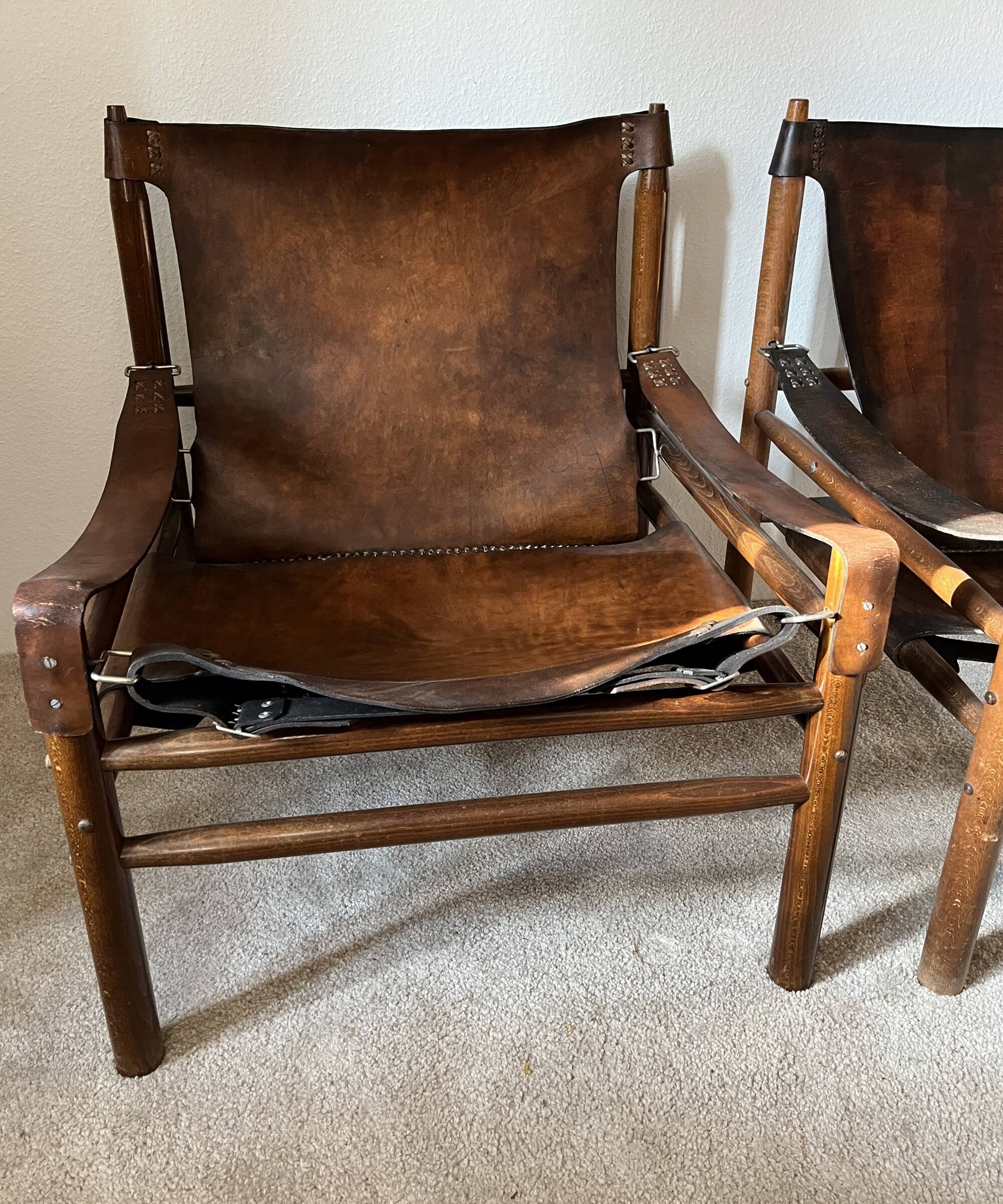 Buffalo Leather Safari Armchair in Pair, Solid Oak Frame, Vintage Style, 19