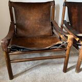 Buffalo Leather Safari Armchair in Pair, Solid Oak Frame, Vintage Style, 19