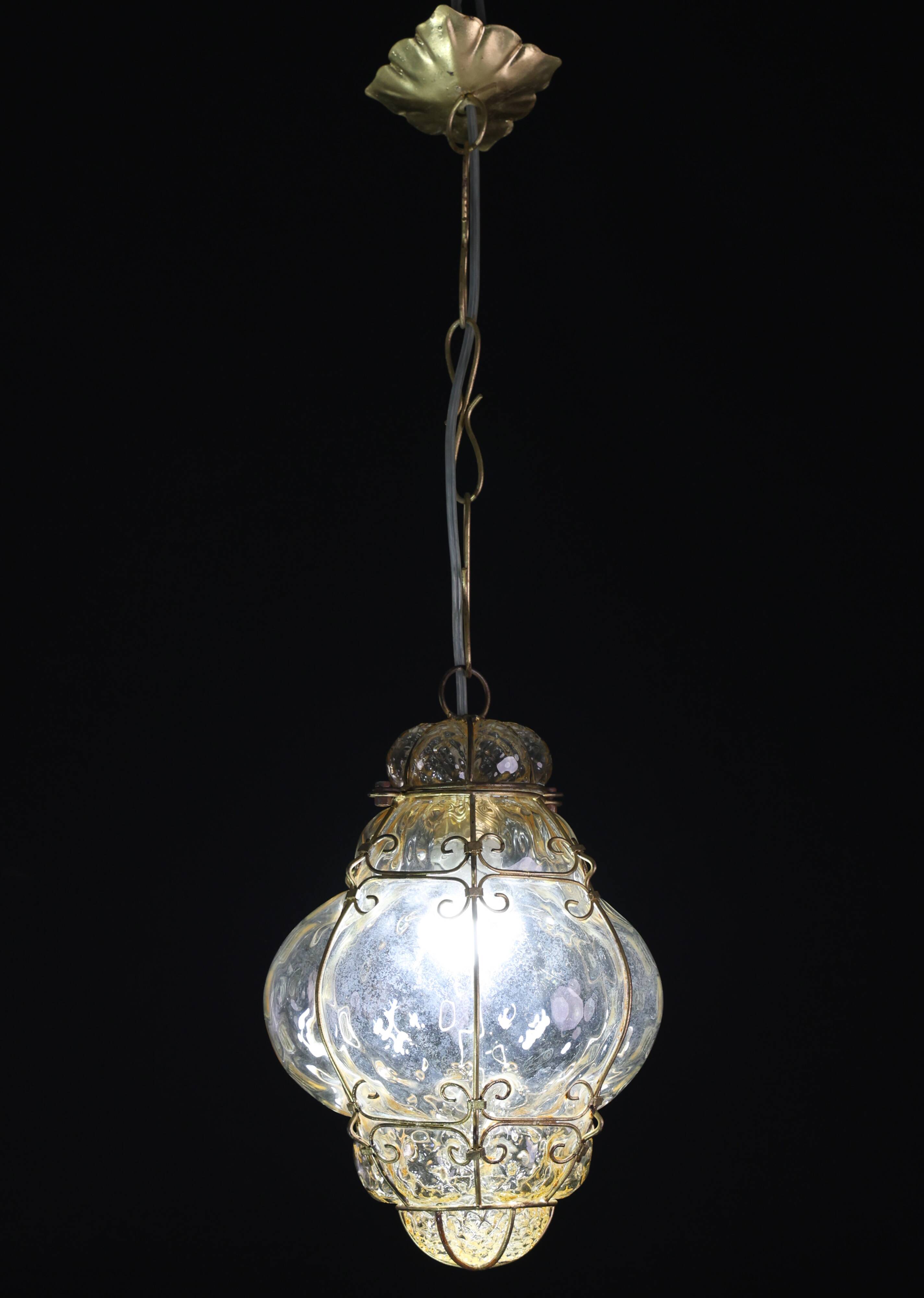 Set of 2 Wonderful Amber Vintage Venetian Lantern, Murano Glass, Italy, 1950s