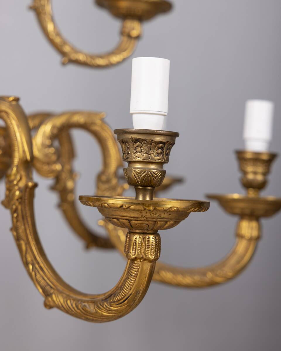 Classic 12 light golden bronze chandelier from the mid-20th century