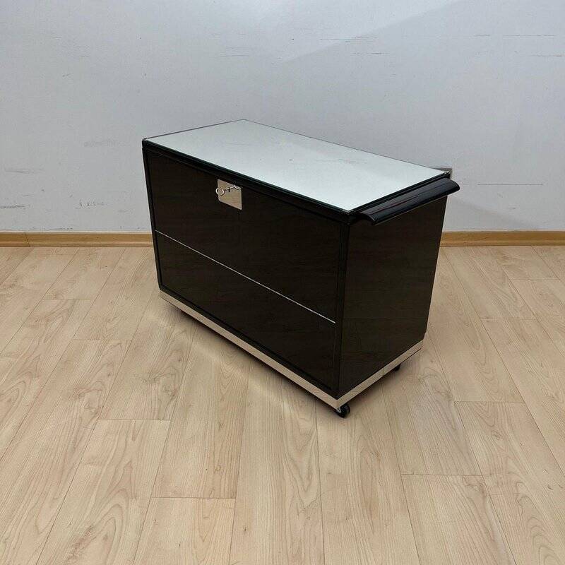 Art Deco Bar Cart in Black Lacquered Mahogany, Mirrored Glass & Chrome, France, 1930