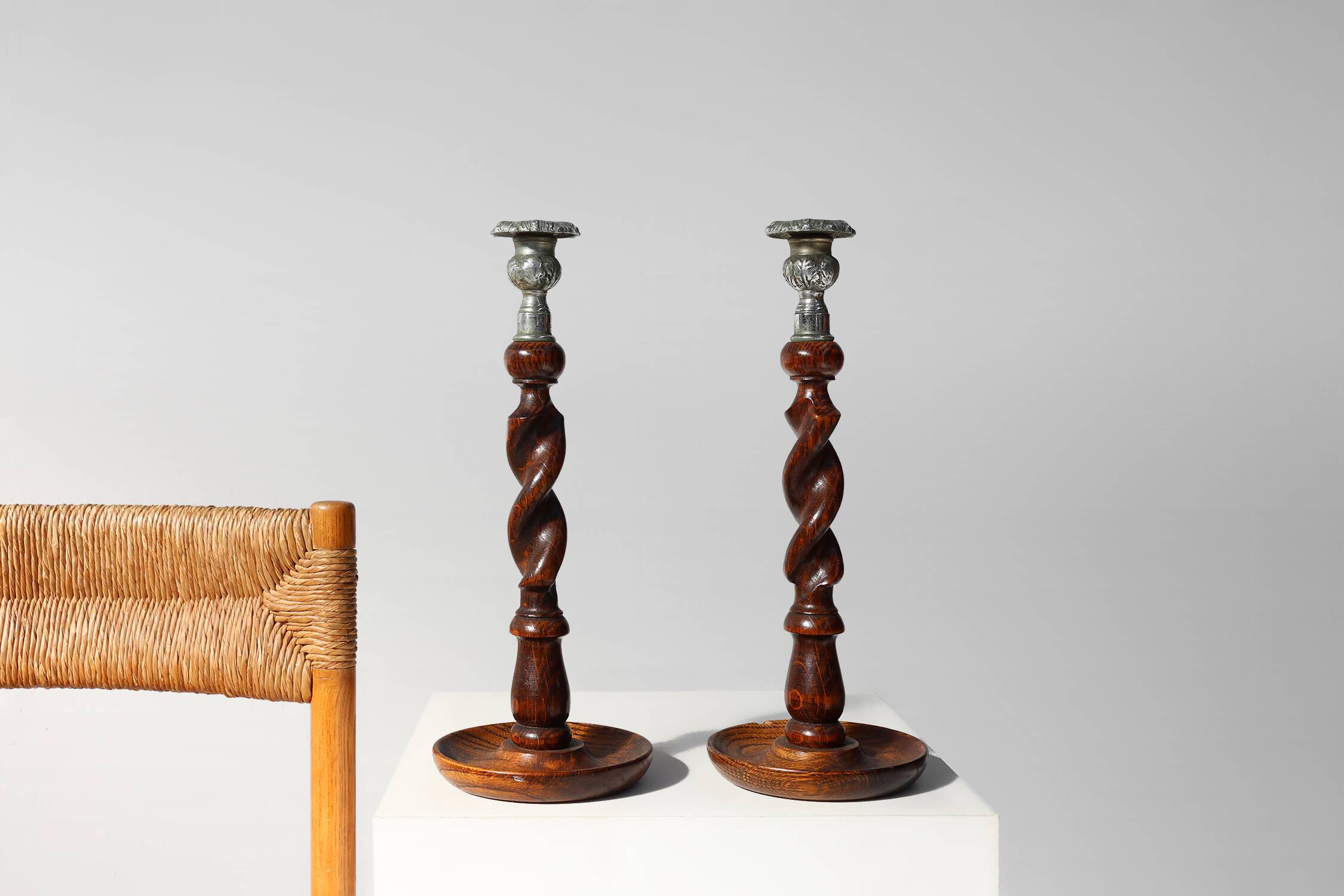 Pair of French Barley Twist candlesticks in wood with silver-plated bobeche