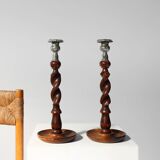 Pair of French Barley Twist candlesticks in wood with silver-plated bobeche