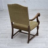 Fauteuil danois à dossier haut des années 1950, en laine tissée à la main, velours, bois de chêne sculpté.