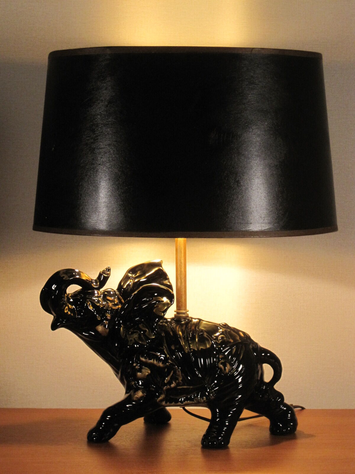 black enamelled ceramic and gold gilding elephant lamp 1950s