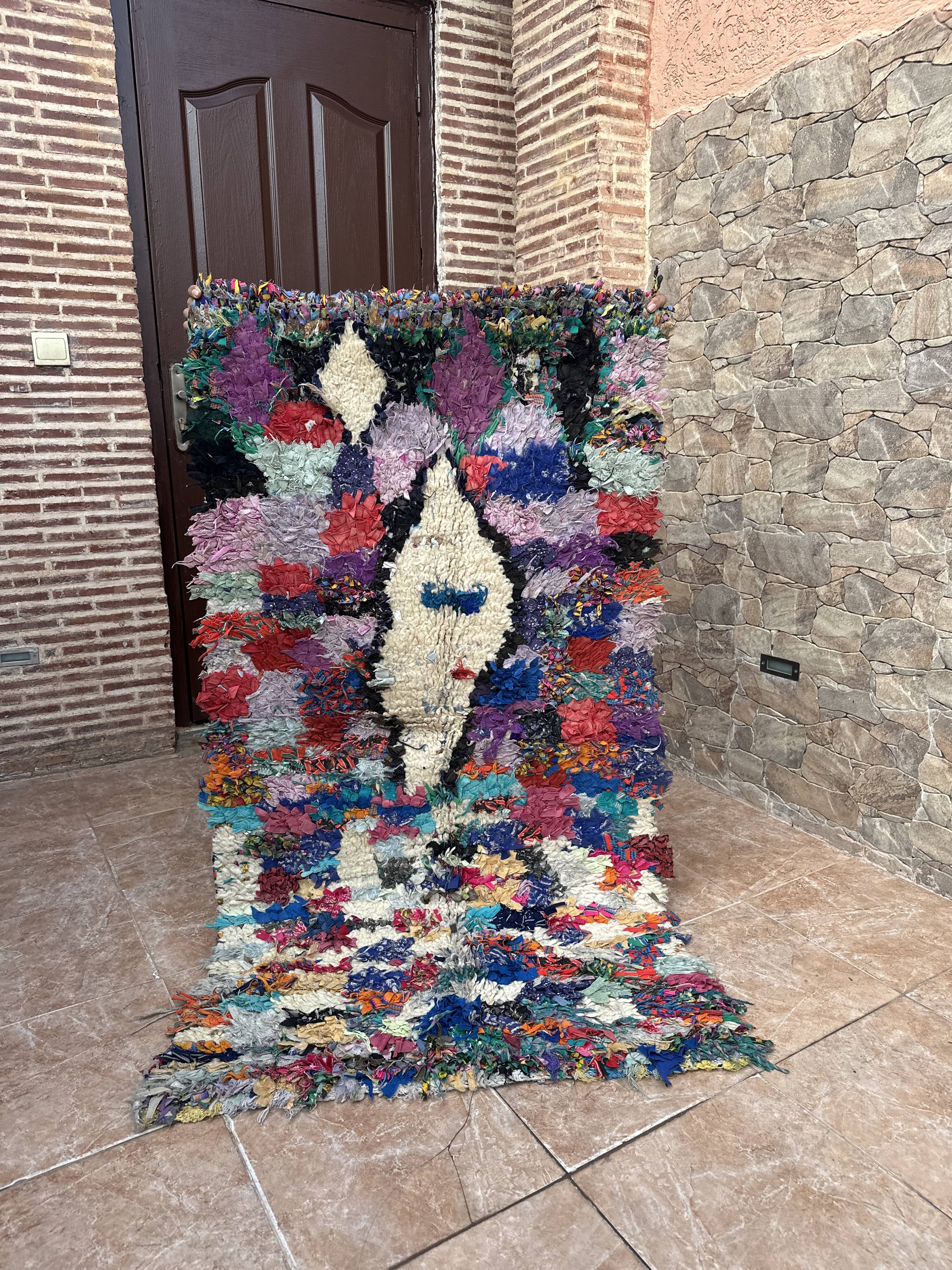 Vintage Moroccan Boucherouite rug: small abstract rug