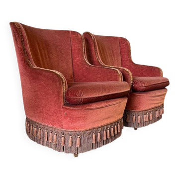 Ensemble de 2 fauteuils/sièges vintage rose poudré à franges