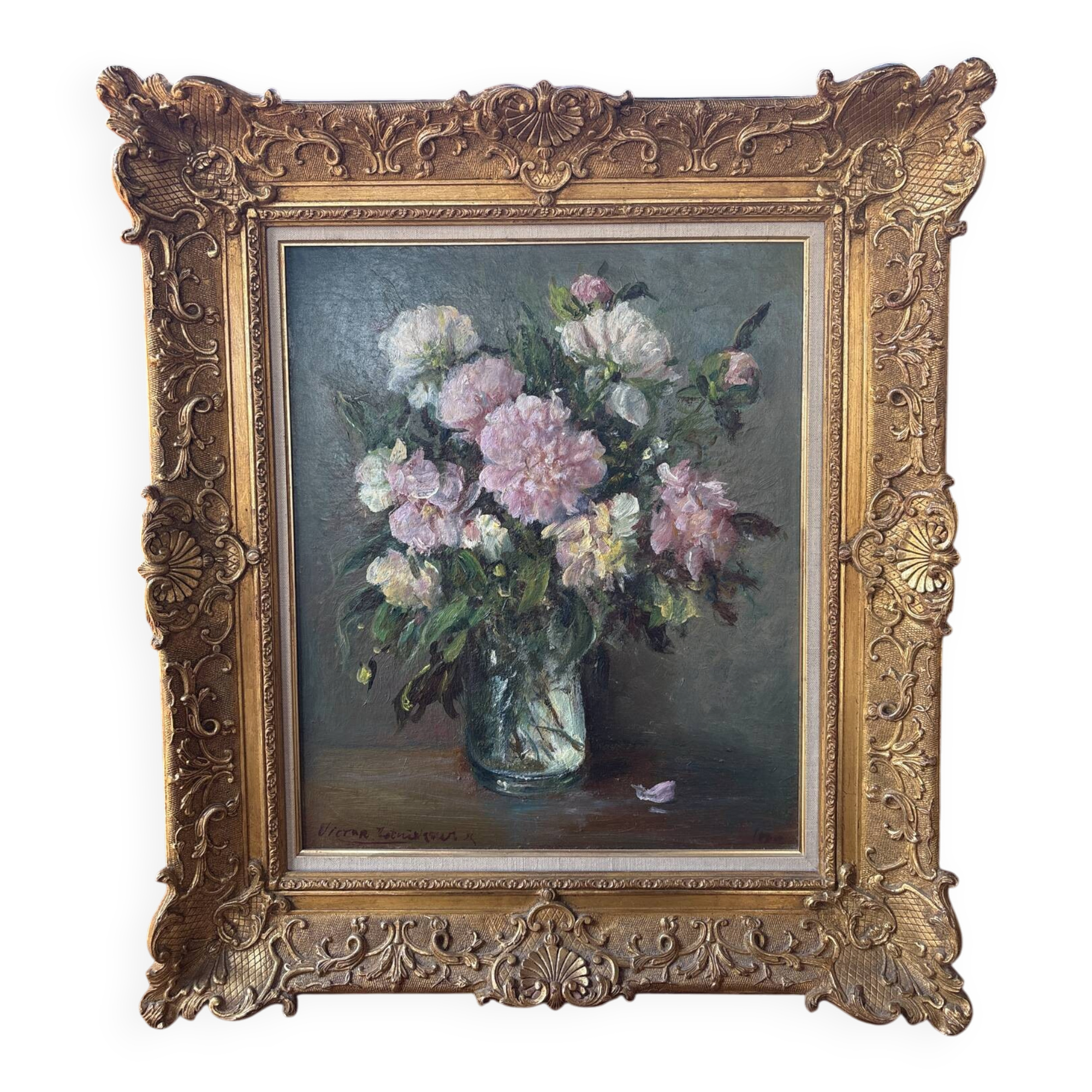 Large painting by Victor Zolnierowicz, peonies, oil on canvas, frame year