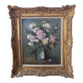 Large painting by Victor Zolnierowicz, peonies, oil on canvas, frame year