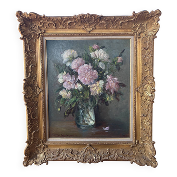 Large painting by Victor Zolnierowicz, peonies, oil on canvas, frame year