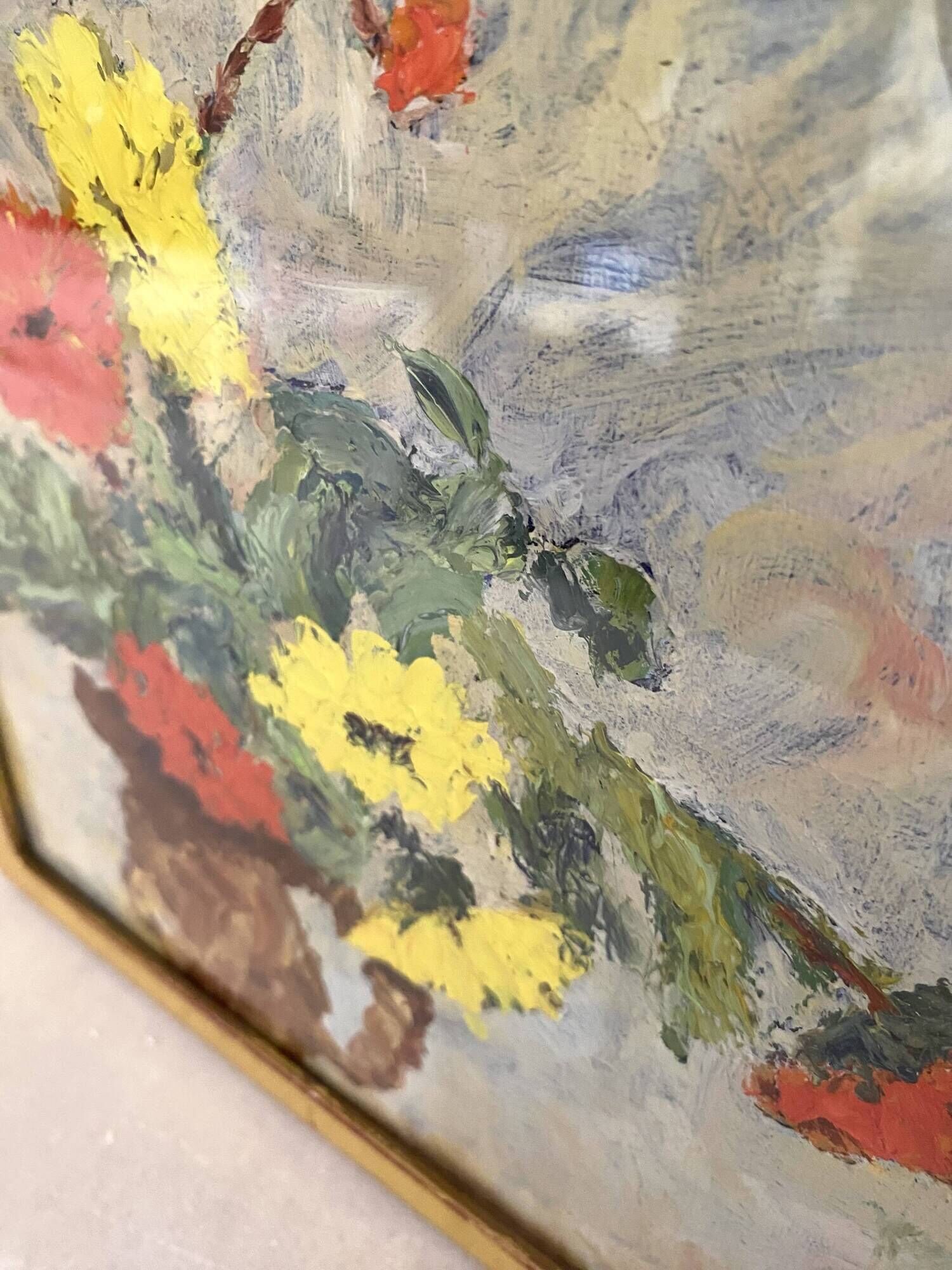 Oil on canvas from the 70s framed under glass.
