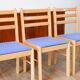 Set of 4 solid pine chairs, reupholstered in ocean blue wool, 1980.