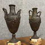 Pair of Napoleon III period vases or cassolettes in spelter and marble