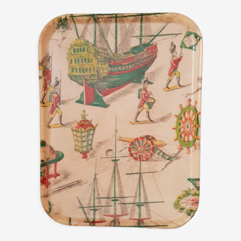 Plateau vintage en fibre de verre, années 50, motif bateaux