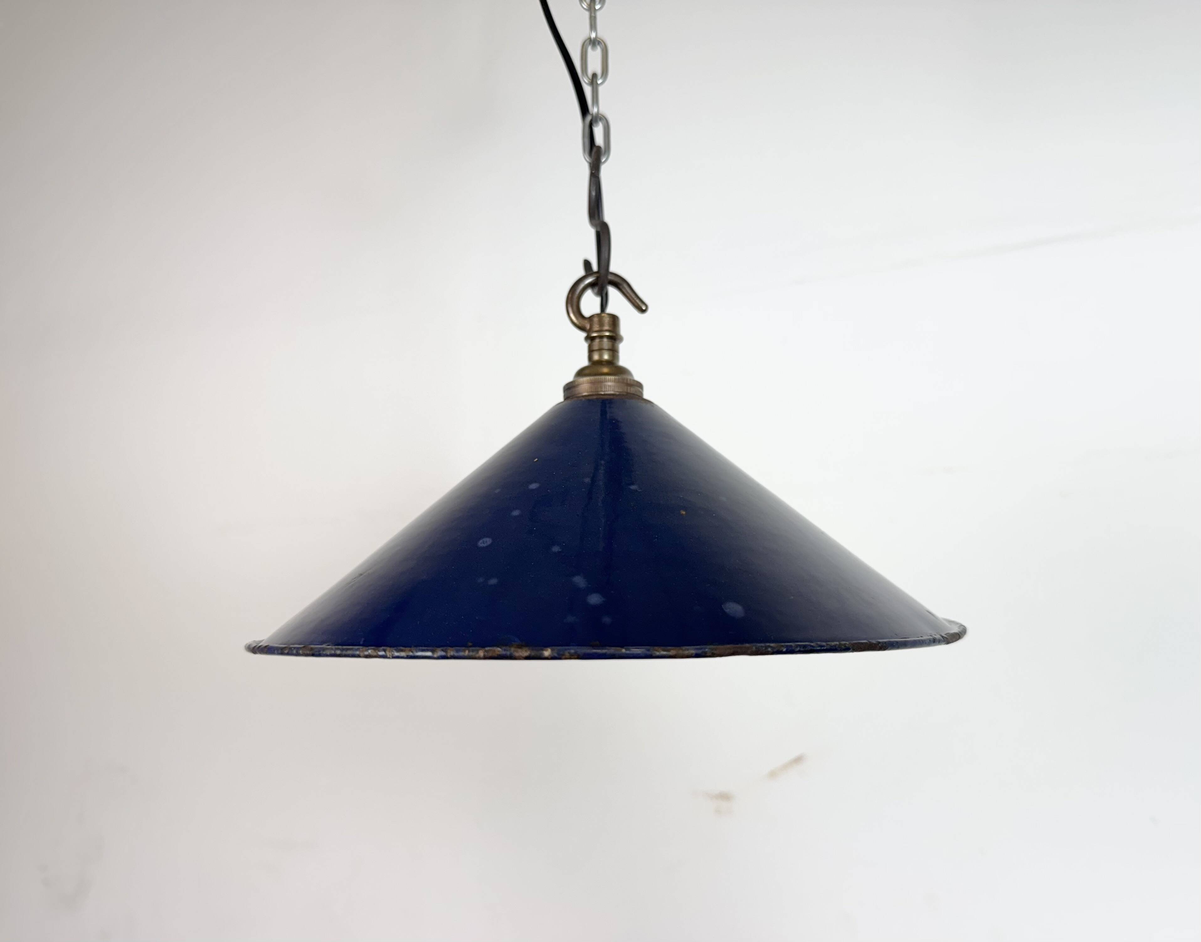 Industrial British Dark Blue Enamel Factory Pendant Lamp, 1950s