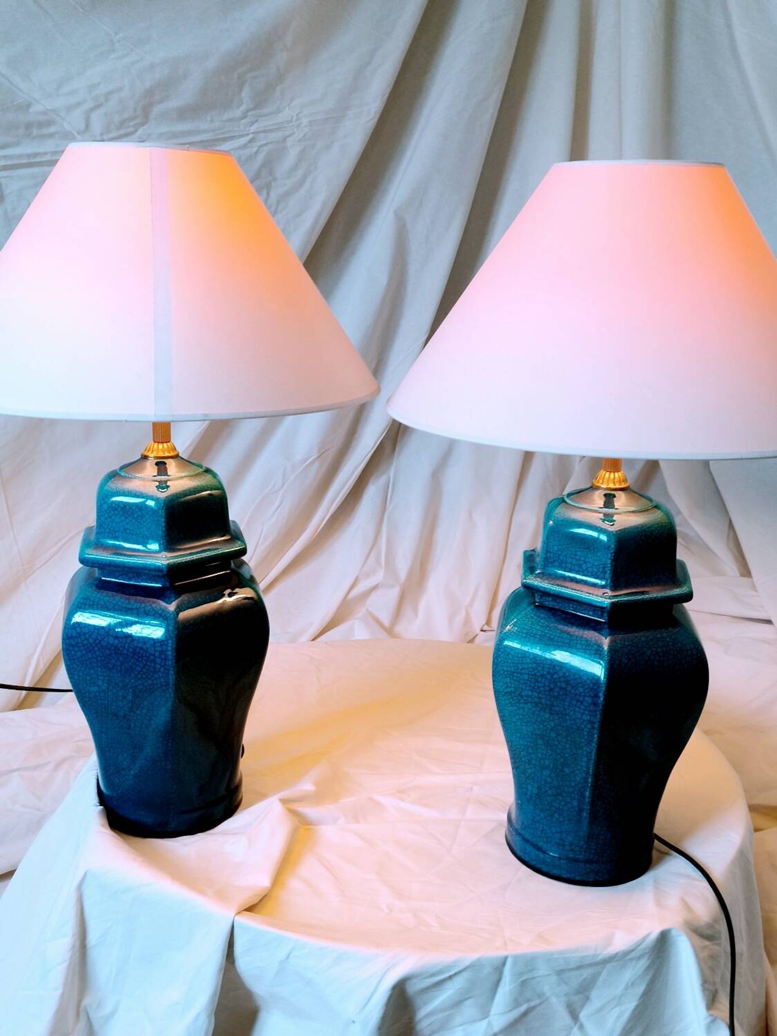 2 blue crackle ceramic desk lamp bases, 1950s