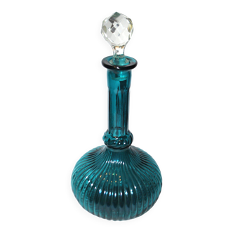 Antique dark blue molded, ribbed, blown glass carafe with bamboo motif