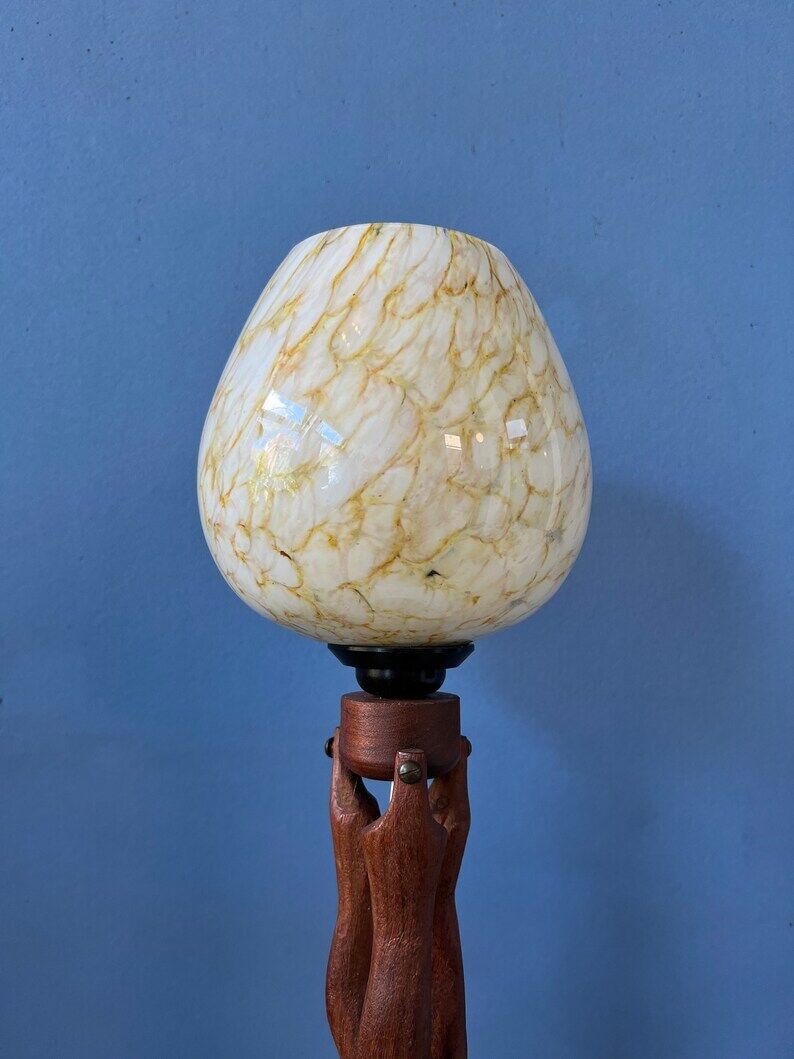 Hand-carved wooden table lamp with art deco lampshade