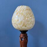 Hand-carved wooden table lamp with art deco lampshade