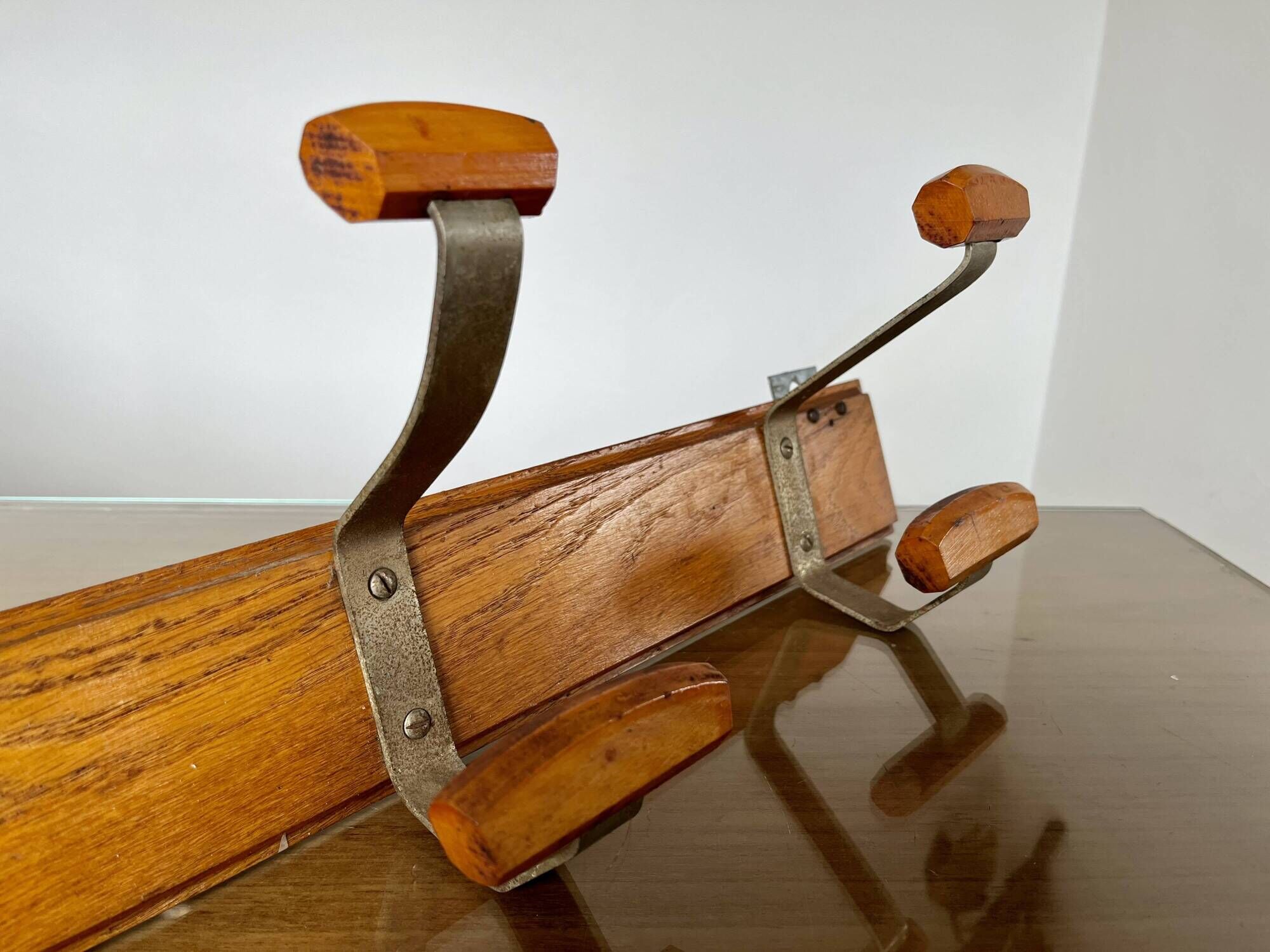 Scandinavian wall coat rack in wood and metal 6 hooks 60s 70s