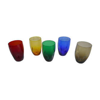 Suite of 5 colorful vintage water glasses