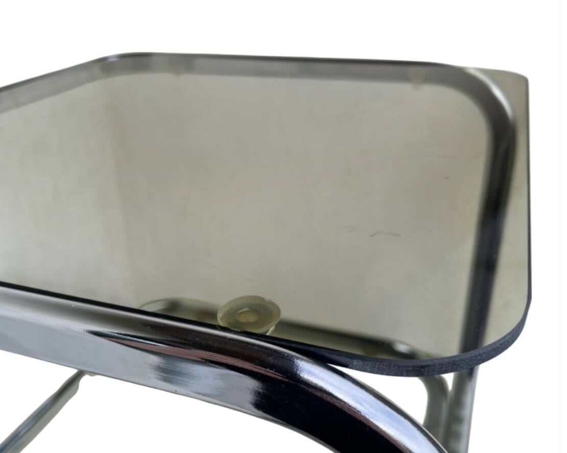 Vintage 1970s side table in smoked glass and chrome.