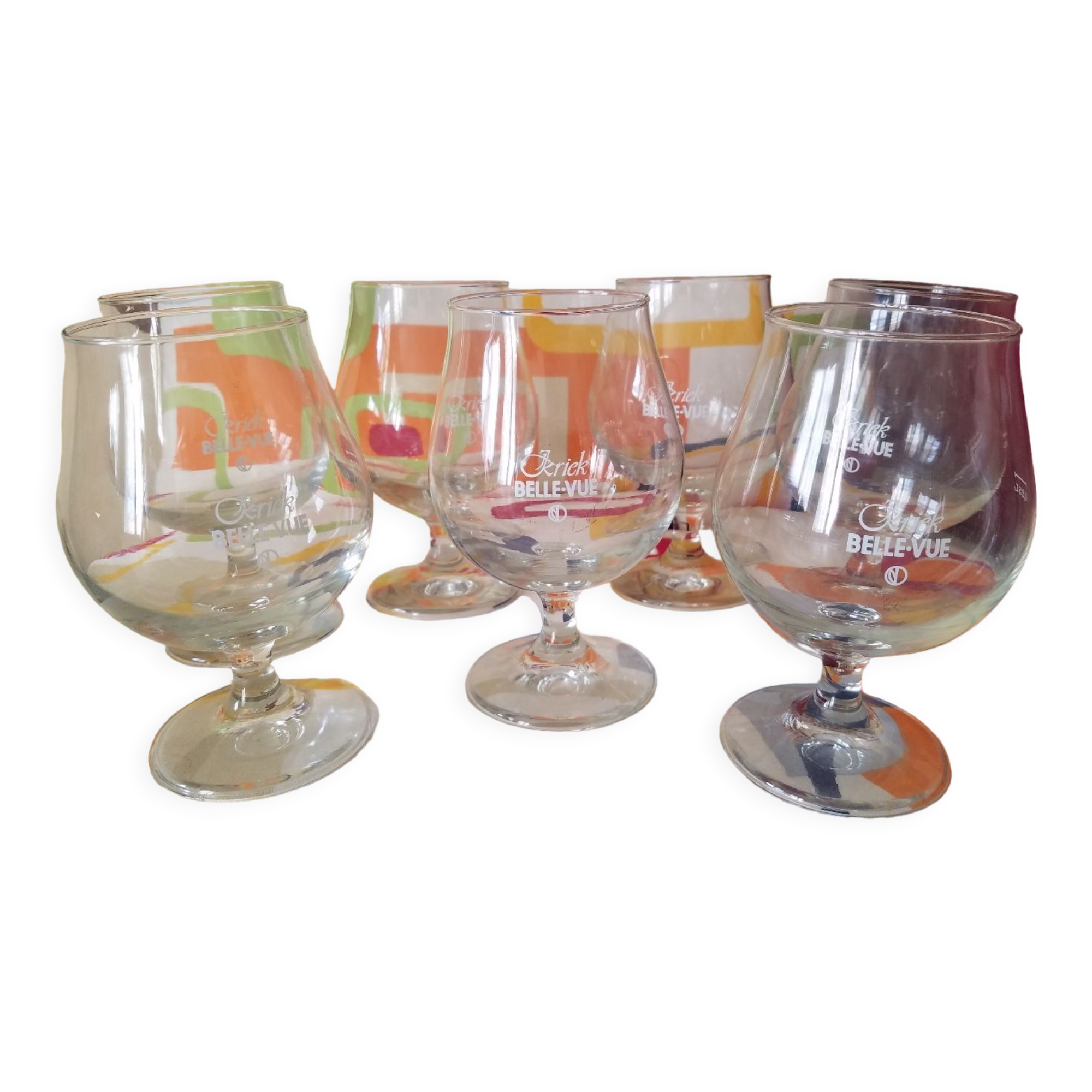 Lot of 7 vintage beer glasses "kriek gueuze belle-vue"
