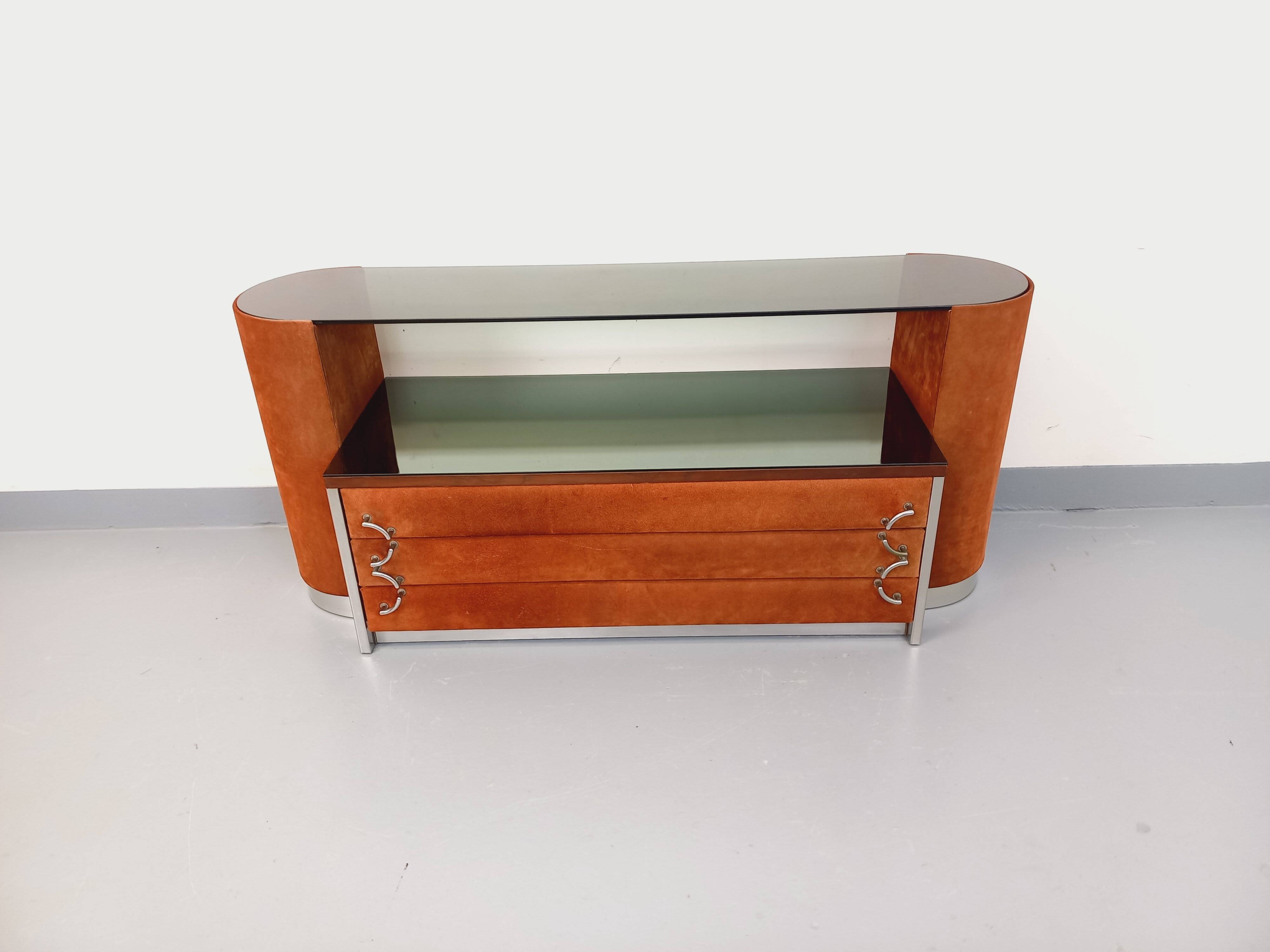 Vintage Italian hairdresser design in suede velvet, chrome, smoked glass and