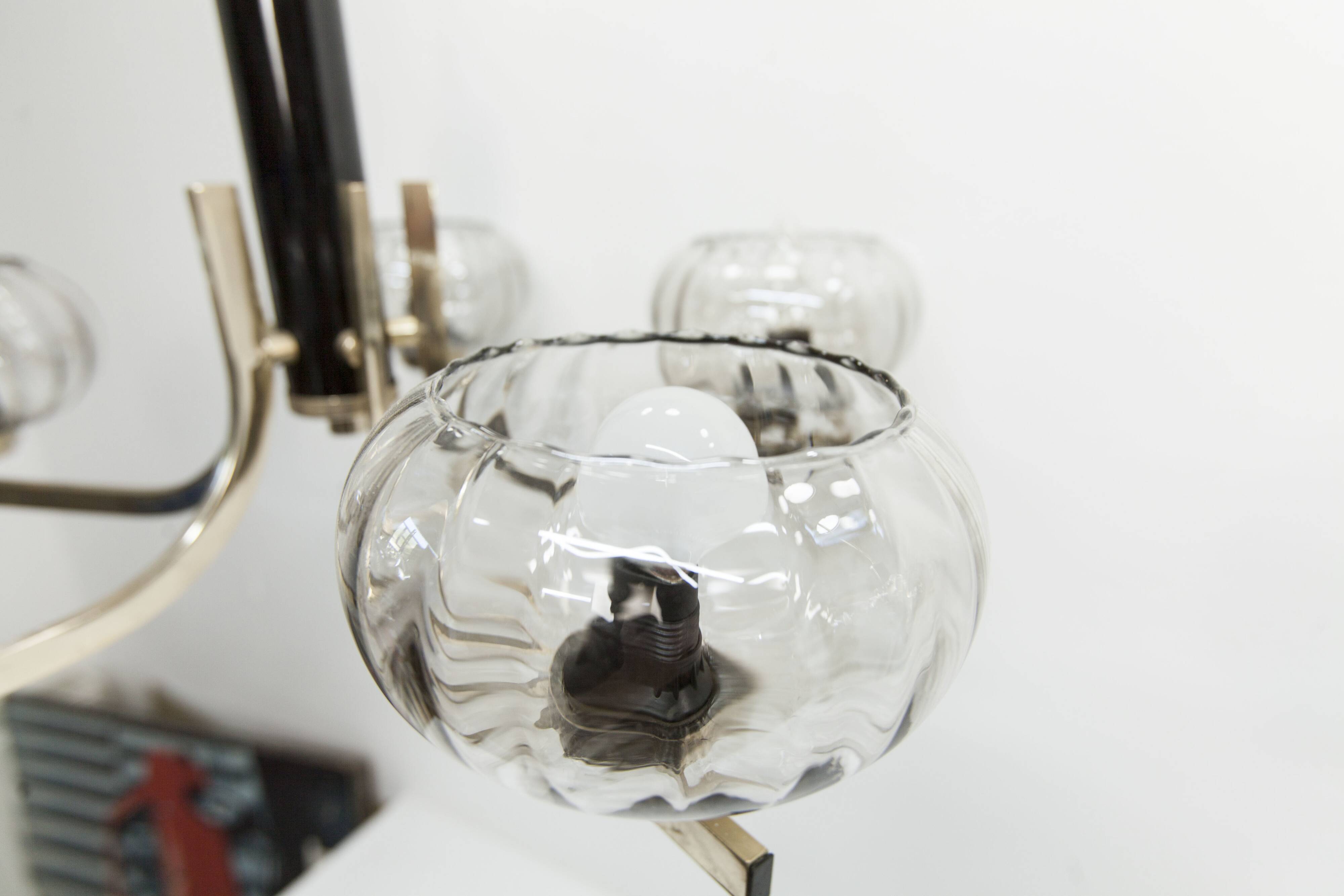 See Delmas chandelier, 3 arms, black and gold, clear glass, 1960