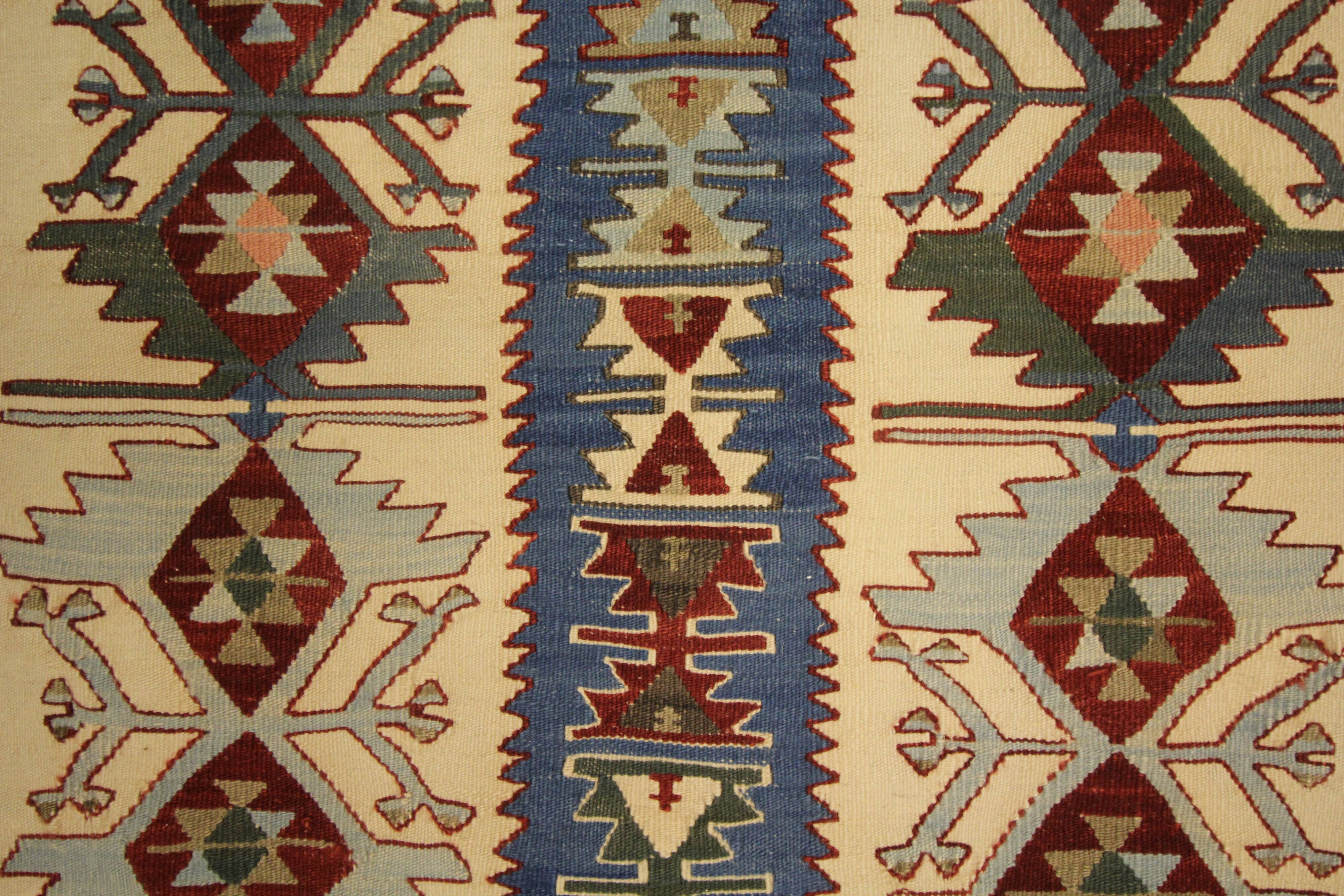 Turkish Antique Kilim Runner Blue Geometric Tribal Hallway Rug 90 x 142 cm