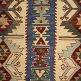 Turkish Antique Kilim Runner Blue Geometric Tribal Hallway Rug 90 x 142 cm