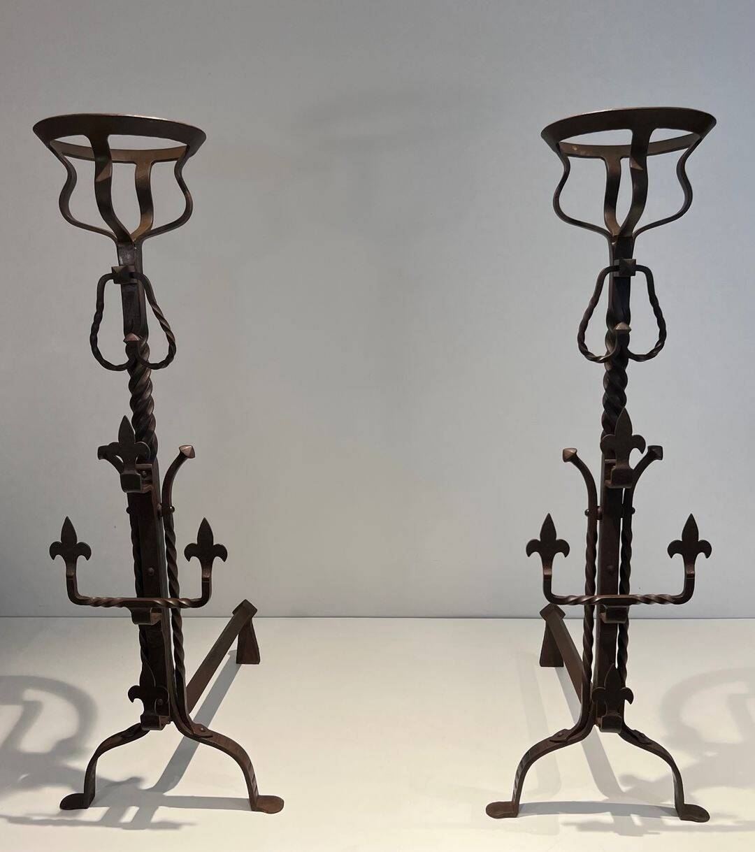 Important Pair of Gothic Wrought Iron Andirons with Fleur-de-Lis
