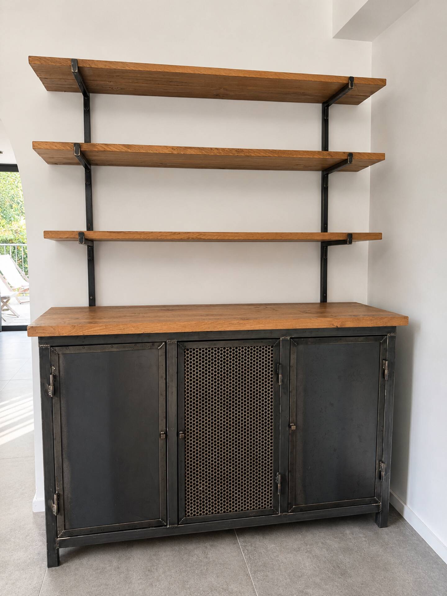 Metal and wood shelves and cupboards.