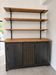 Metal and wood shelves and cupboards.