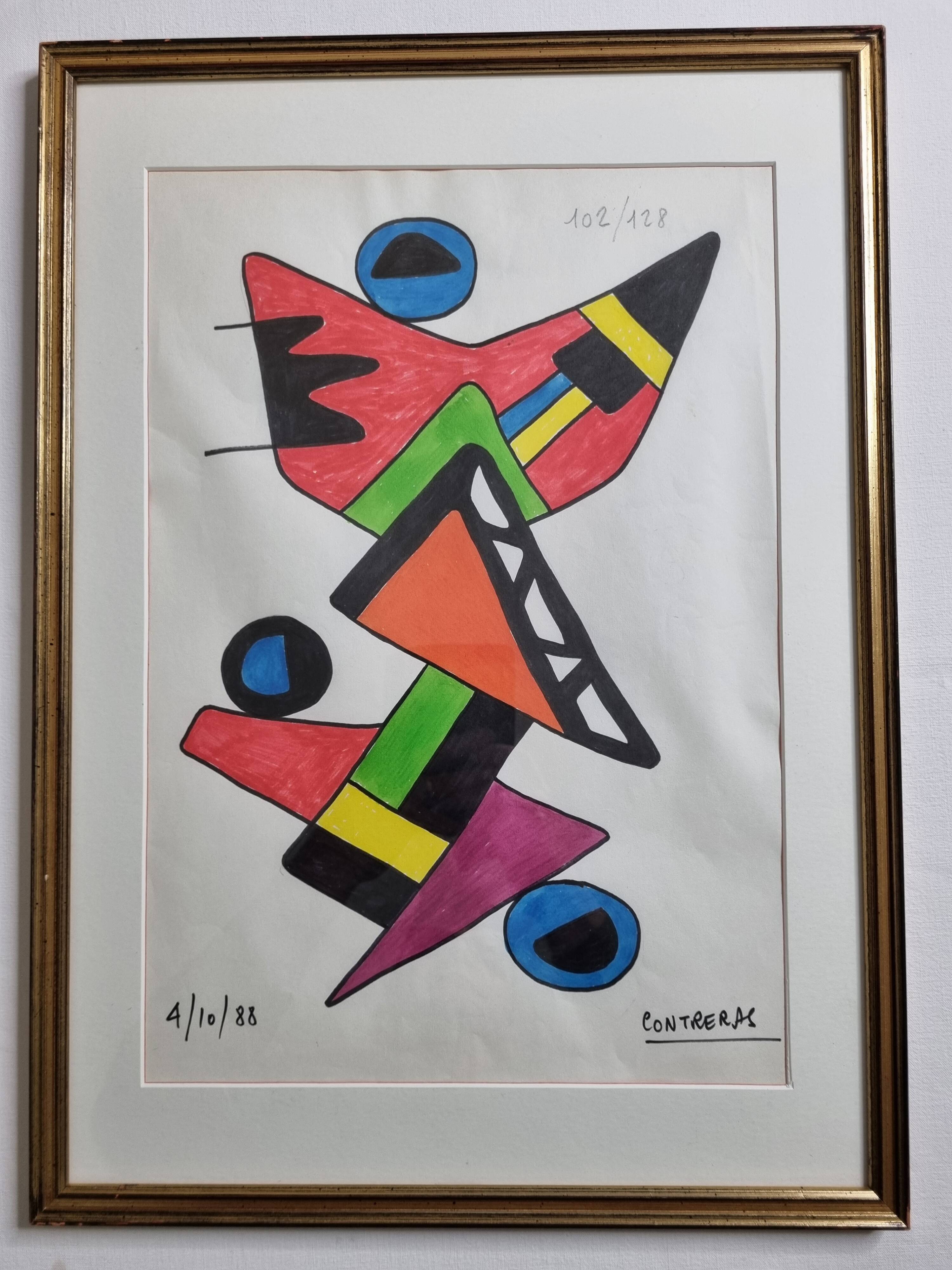 Abstract composition, original drawing signed Contreras, 1980s, 32 x 42 cm framed under glass