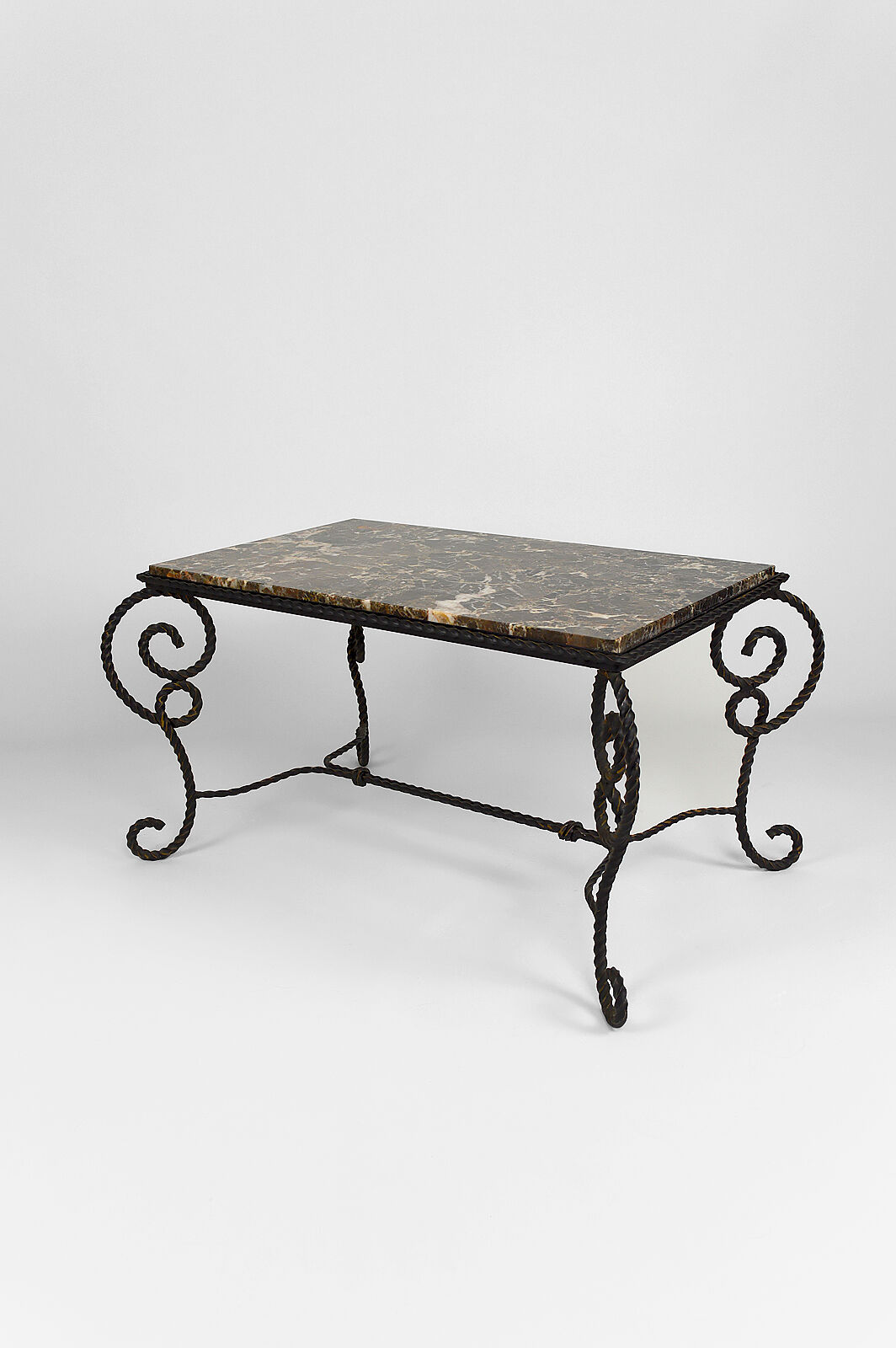 Coffee table in patinated wrought iron and marble, circa 1940