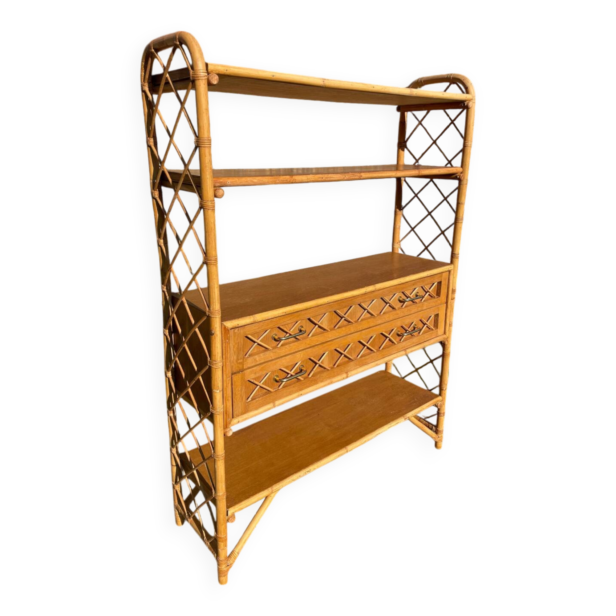 Vintage 1960s rattan and oak shelf by Louis Sognot