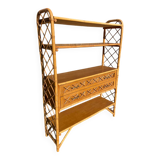 Vintage 1960s rattan and oak shelf by Louis Sognot